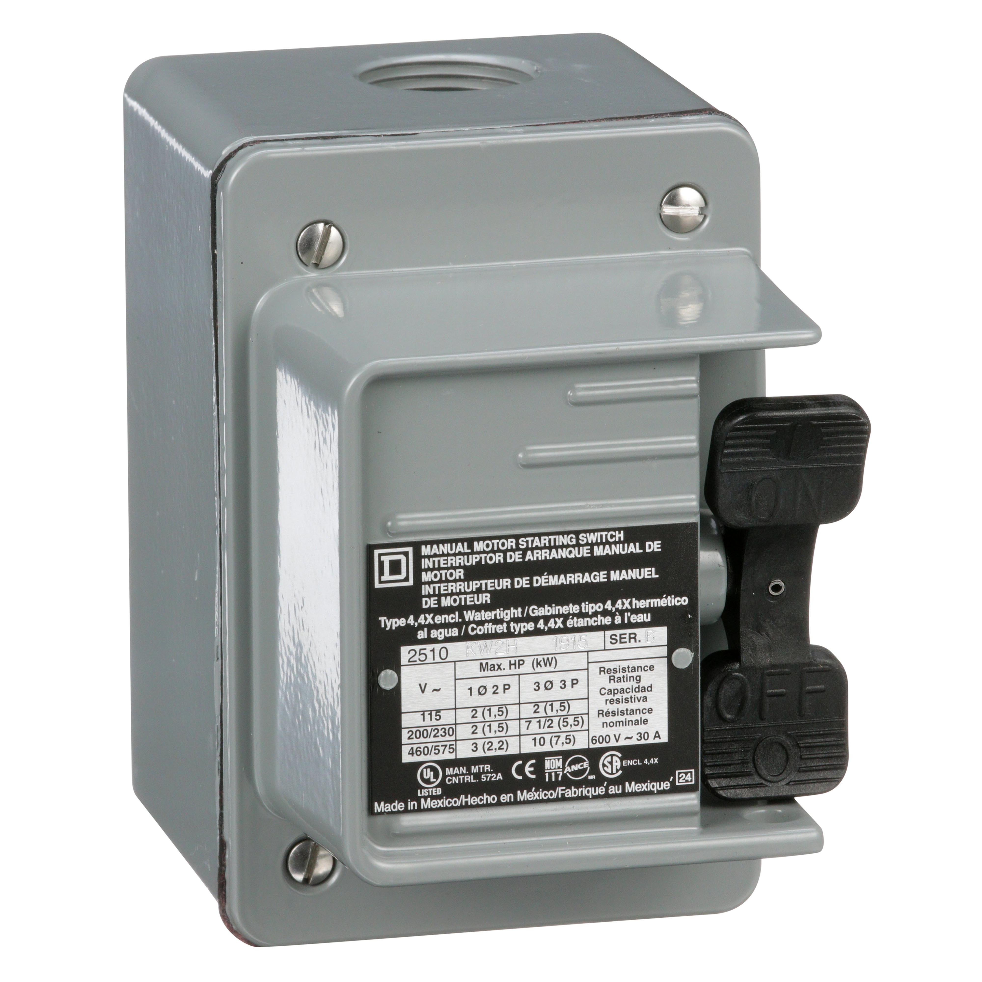 Square D™ 2510KW2H Type K 3-Phase Non-Reversing 1-Unit Standard Manual Switch, 600 VAC, 230 VDC, 30 A