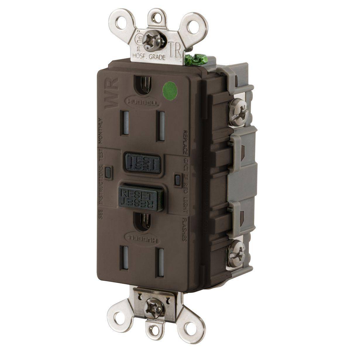 Wiring Device-Kellems AUTOGUARD® GF8200SG Tamper Resistant Weather Resistant Self Test GFCI Receptacle, 125 V, 15 A, 2 Poles, 3 Wires, Brown