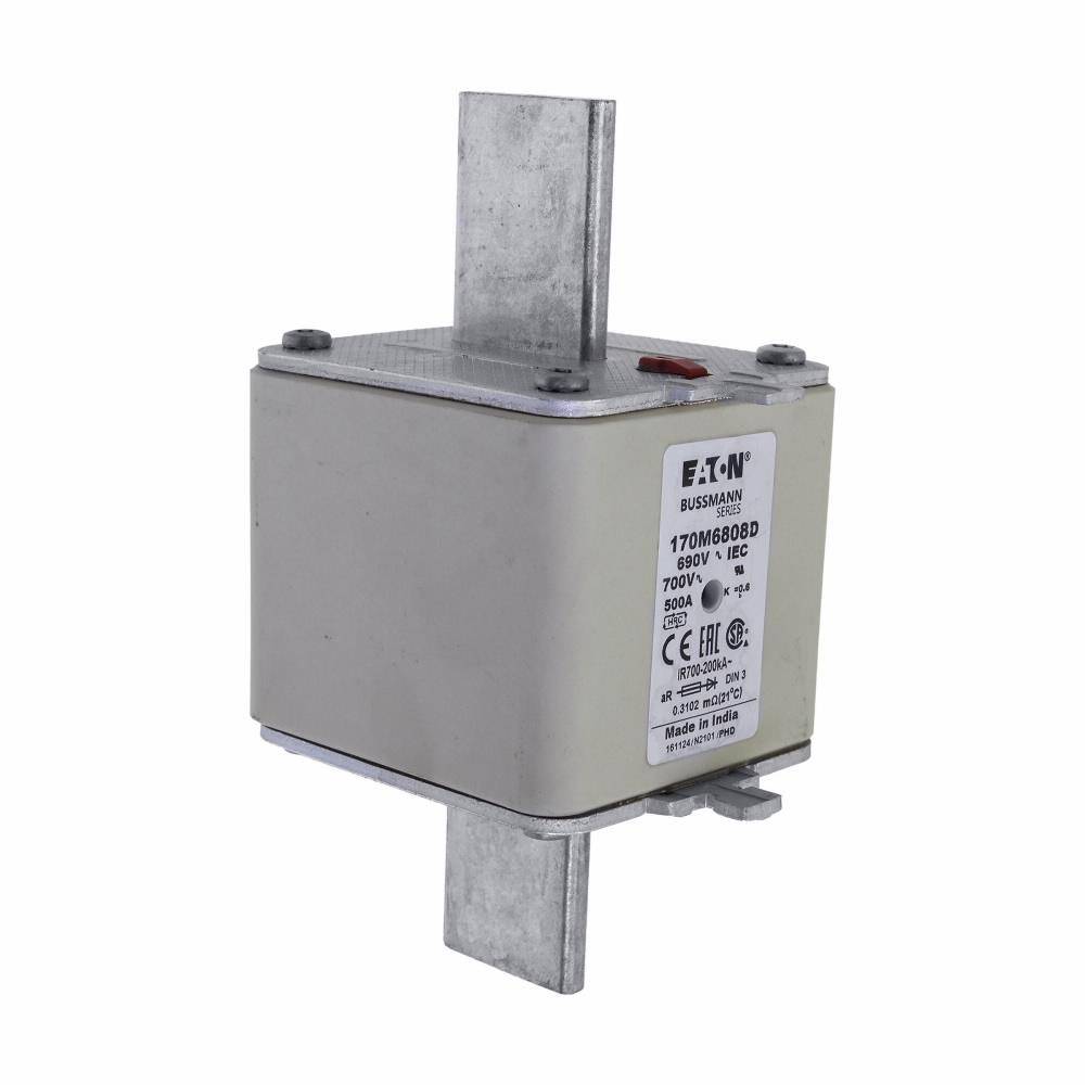 Edison 170M6808D High Speed Fuse, 500 A, 700 V, 200 kA Interrupt, Class: aR, Square Body