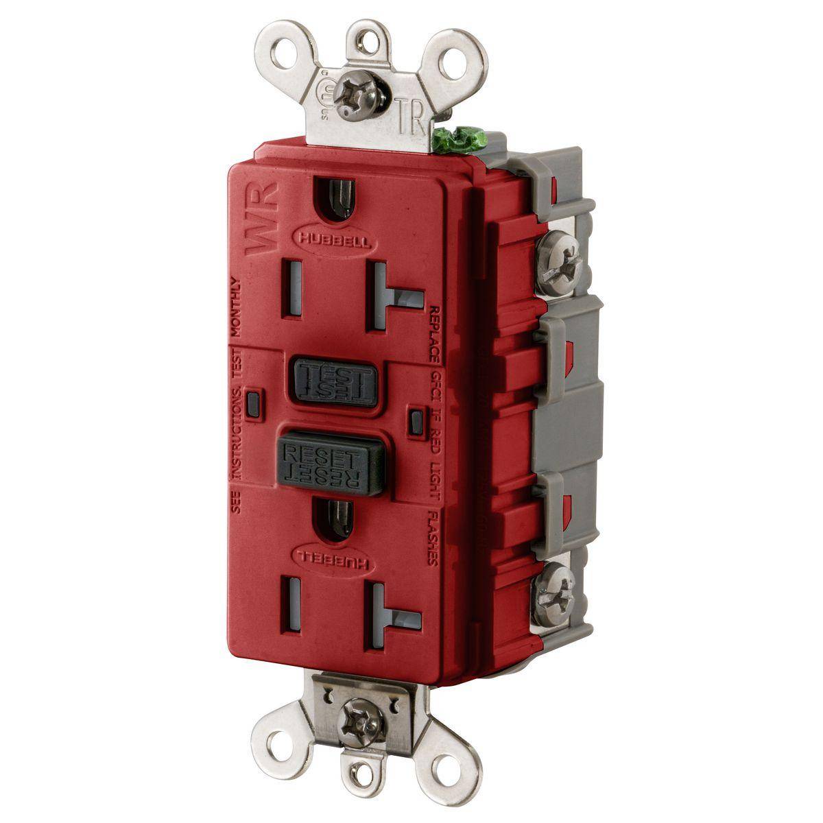 Wiring Device-Kellems GF5362SGR 1-Phase Duplex Extra Heavy Duty Feed-Through Grounding Standard Tamper-Resistant Weather-Resistant Screw Mount GFCI Receptacle, 125 VAC, 20 A, 2 Poles, 3 Wires, Red