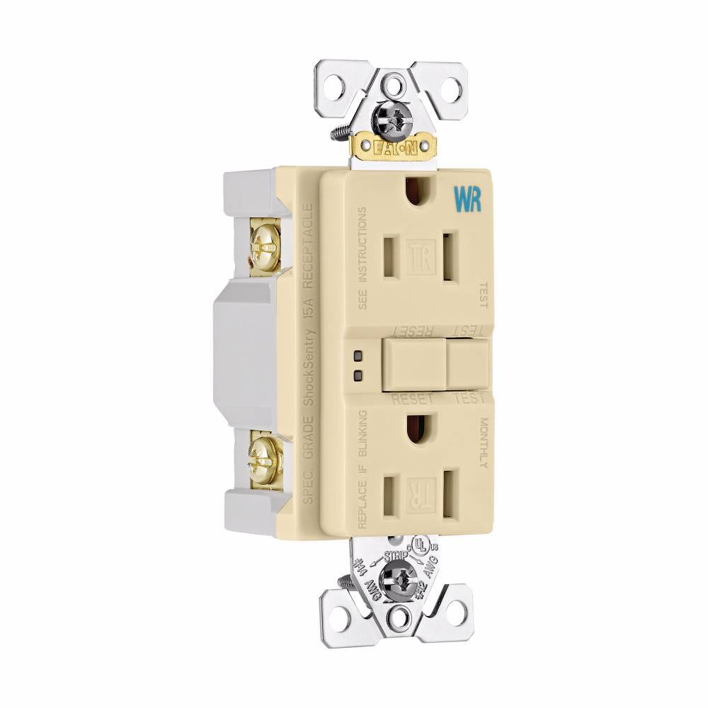 EATON Eaton Wiring Devices TWRSGF15V Duplex Self-Test Tamper Weather-Resistant GFCI Receptacle, 125 VAC, 15 A, 2 Poles, 3 Wires, Ivory