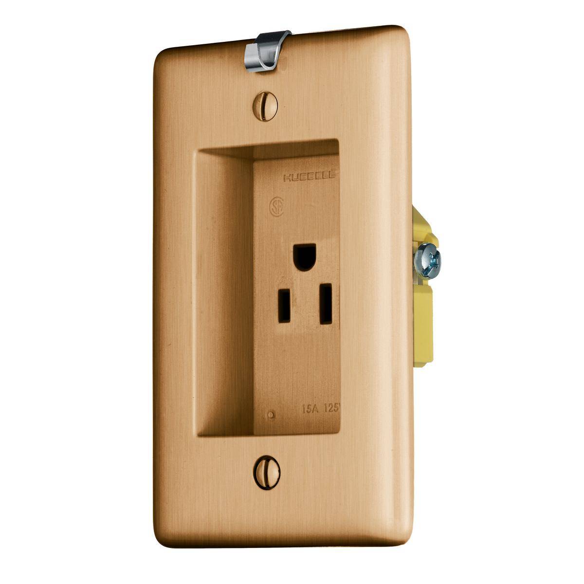Bryant Electric tradeSELECT® Wiring Device-Kellems RR151CHBSTR 1-Phase Single Straight Blade Standard Tamper-Resistant Clock Hanger Recessed Receptacle, 125 VAC, 15 A, 2 Poles, 3 Wires, Brass