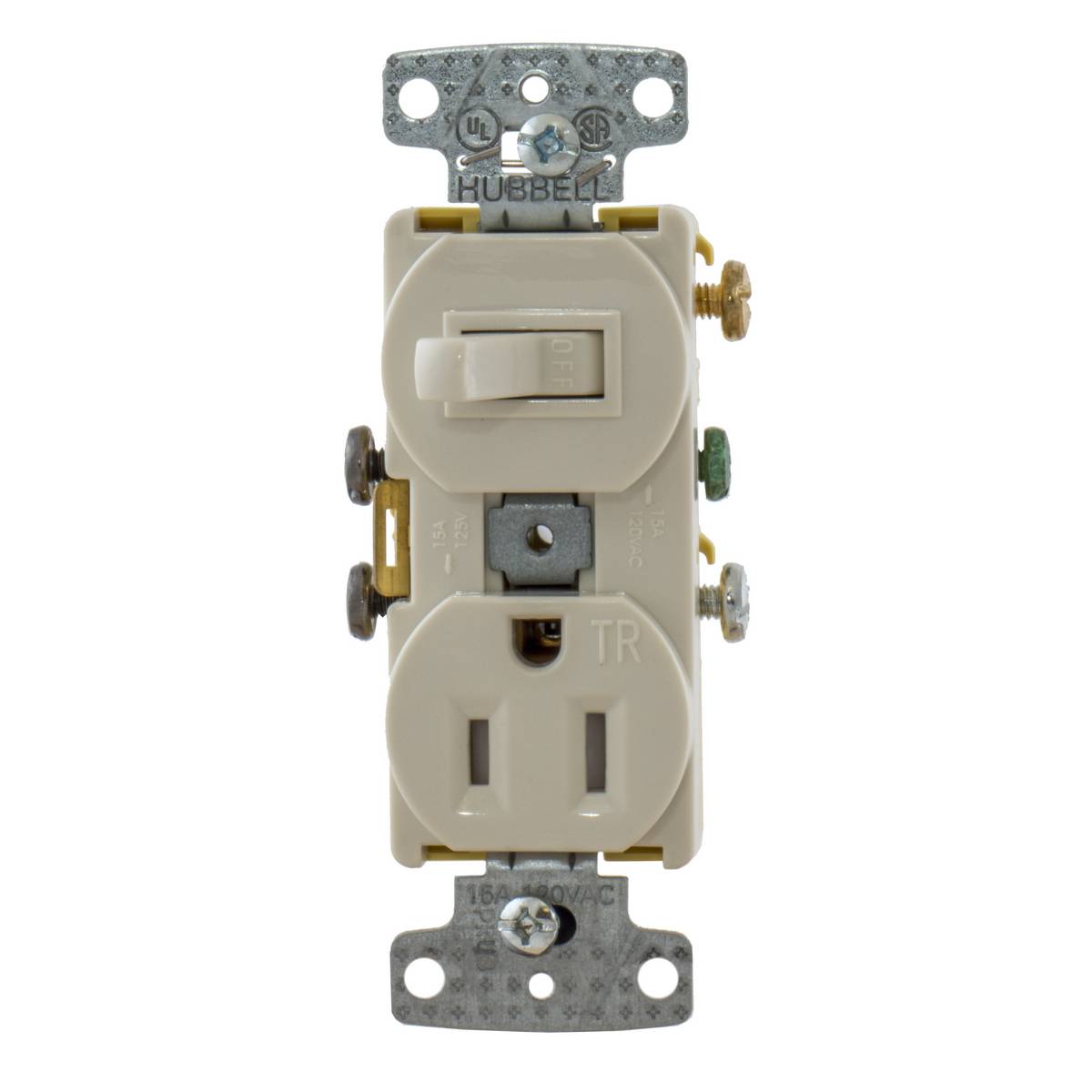 Wiring Device-Kellems tradeSELECT™ RC108LATR 2-Position Snap Action Tamper-Resistant Toggle Self-Grounding-Grounding Combination Switch and Receptacle, 15 A at 120/125 VAC, 1 Poles, 3 Wires