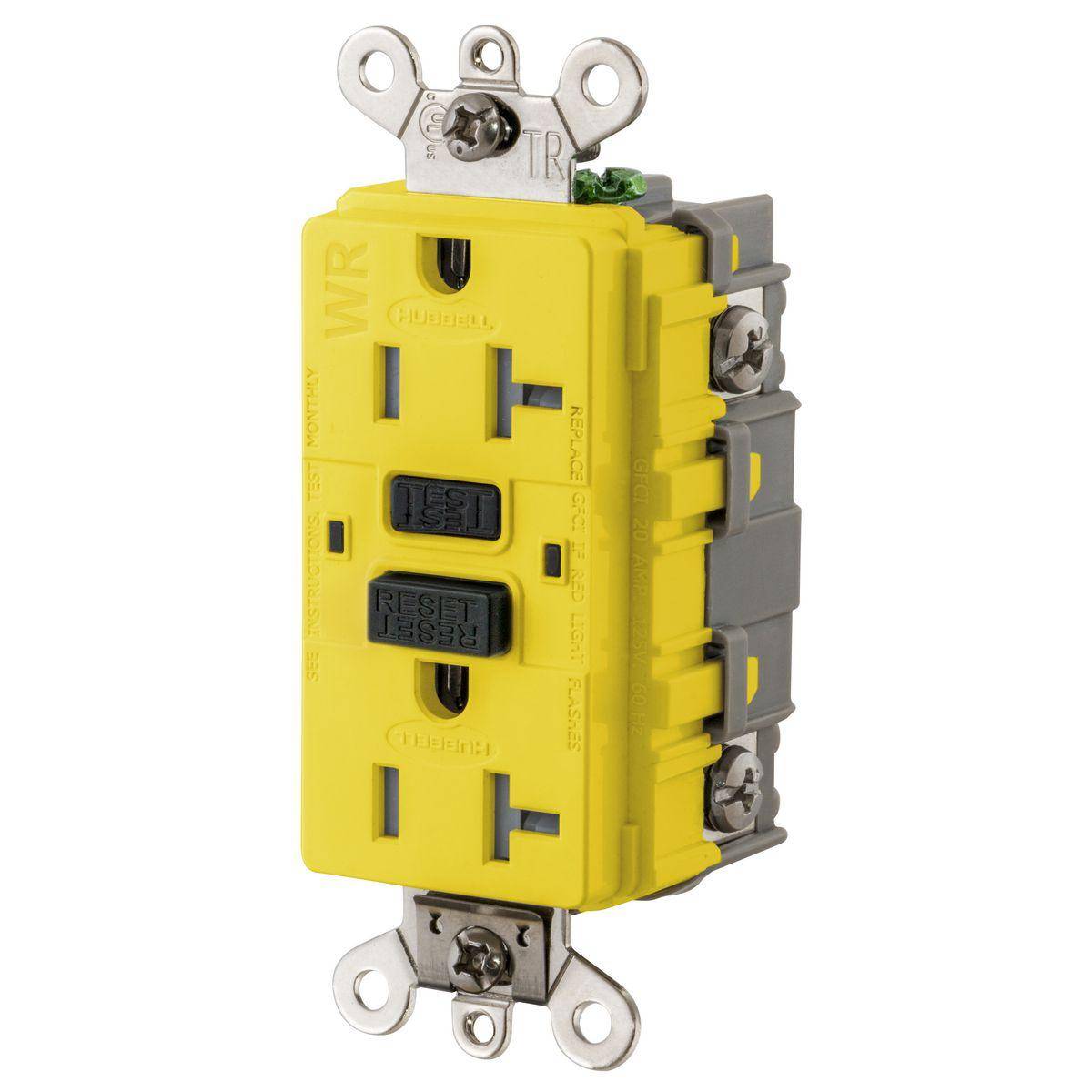 Wiring Device-Kellems GF5362SGYEL Auto Grounding Duplex Decorator Heavy Duty Straight Blade Tamper/Weather Resistance GFCI Receptacle, 125 VAC, 20 A, 2 Poles, 3 Wires, Yellow