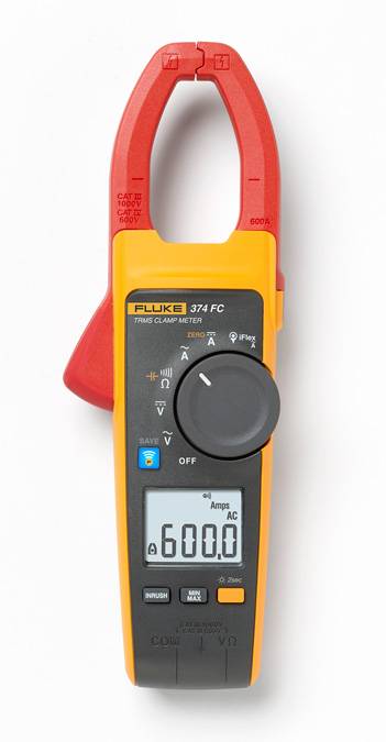 Fluke® FLUKE-374/FC Wireless Clamp Meter, 600 A, 6000 Ohm, 10 to 100/100 to 500 Hz, 34 mm Jaw