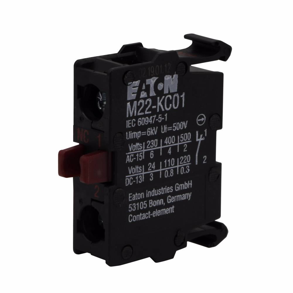 EATON RMQ-Titan® M22-KC01-B100 Emergency Stop Non-Illuminated Contact Block, 22.5 mm, 1NC Contact, 6 A at 240 VAC, 3 A at 24 VDC Contact, Black