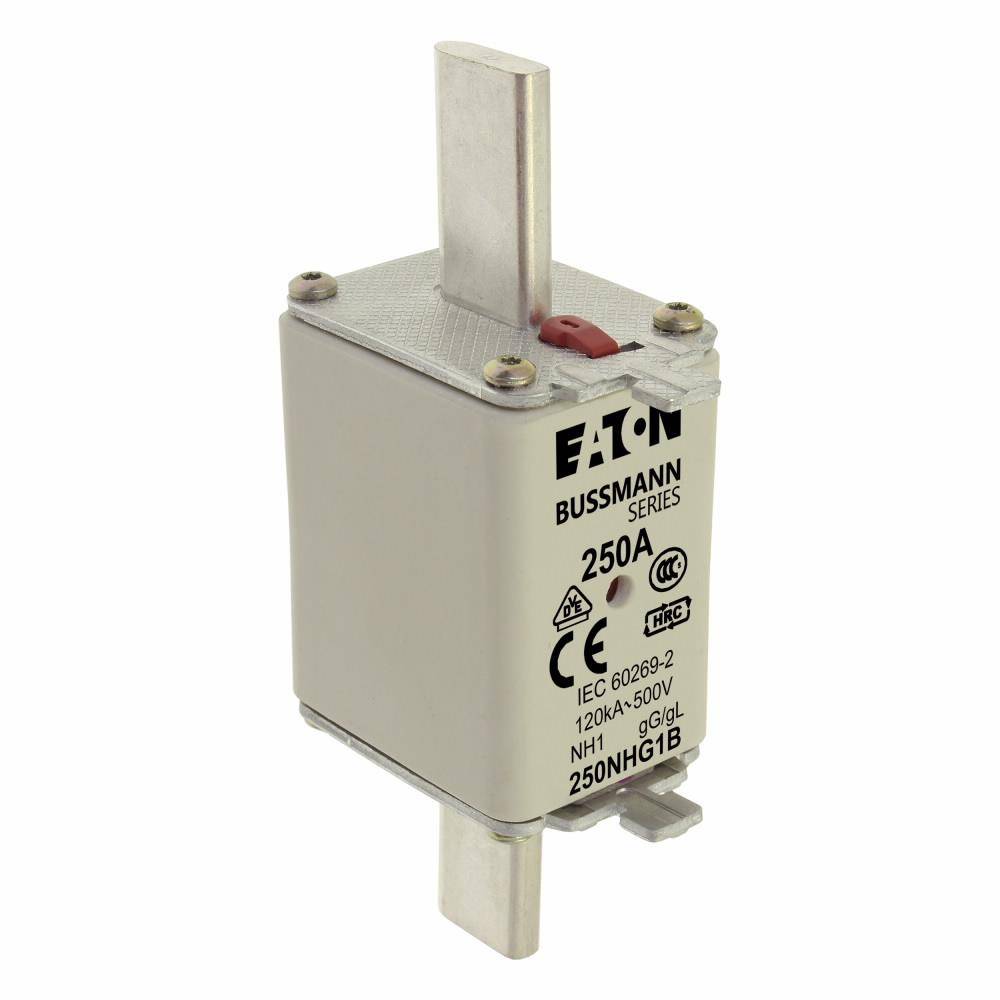 EATON Bussmann Edison 250NHG1B Size 1 Dual Indicator NH Fuse Link, 500 V, 250 A, For Use With Bussmann NH Size Photovoltaic Fuse, Class C gG/gL Fuse, Ceramic