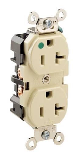 Leviton® 8300-I 1-Phase Duplex Extra Heavy Duty Straight Blade Receptacle, 125 VAC, 20 A, 2 Poles, 3 Wires, Ivory