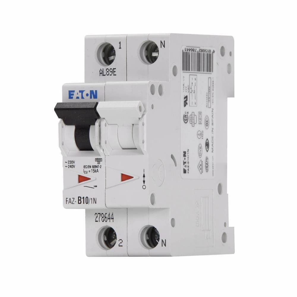 EATON FAZ-B10/1N Supplementary Protector With Neutral, 240 V, 10 A, 15 kA Interrupt, 1 Pole, 3-5X /n Trip