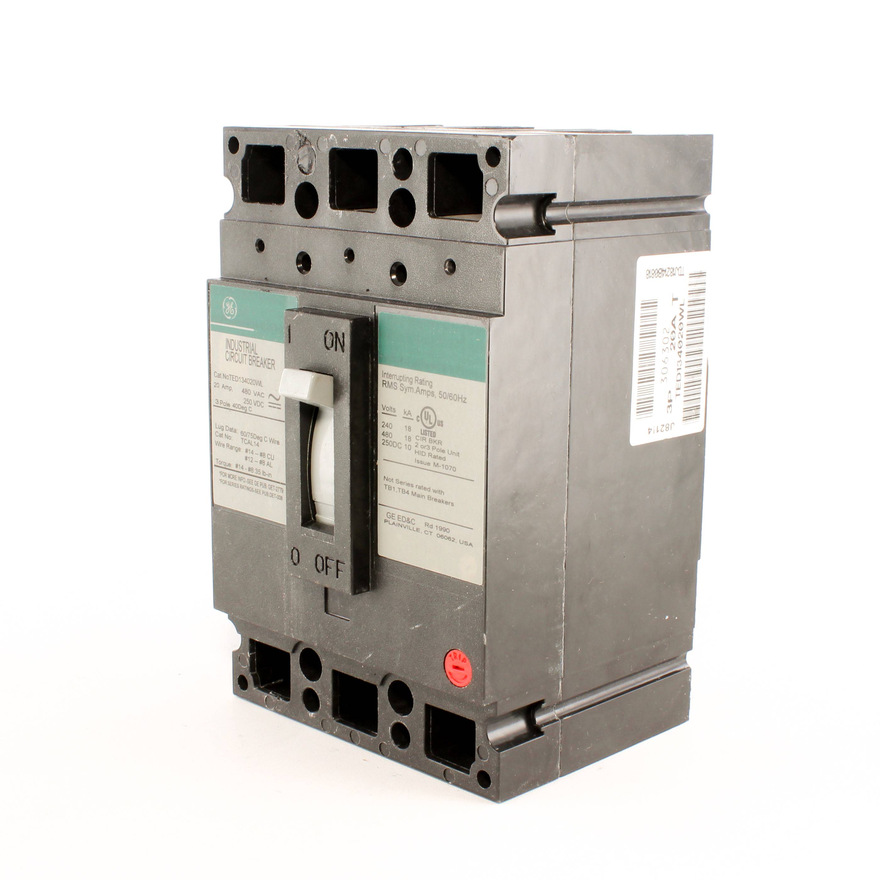 GE TED134020WL Molded Case Circuit Breaker, 480 VAC/500 VDC, 20 A, 18 kA AC, 10 kA DC, 14 kA AC Interrupt, 3 Poles, LI/Non-Interchangeable Thermal Magnetic Trip