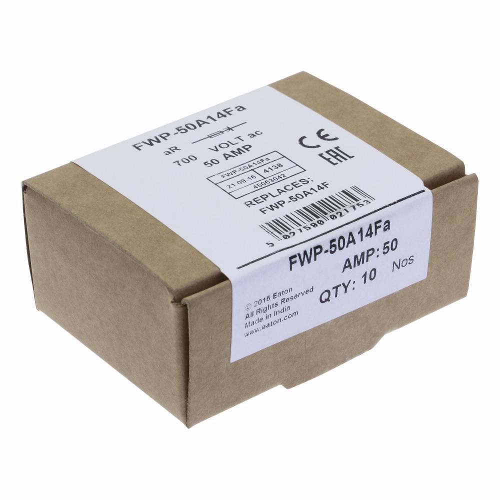 Edison FWP-50A14F Fast Acting High Speed Fuse, 50 A, 690/700 VAC, 800 VDC, 50/200 kA, Cylindrical Body