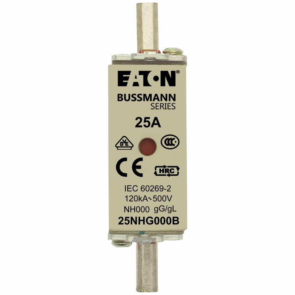 Edison Bussmann 25NHG000B Size 000 Dual Indicator NH Fuse Link, 500 V, 25 A, For Use With Bussmann NH Size Photovoltaic Fuse, Class C gG/gL Fuse, Ceramic