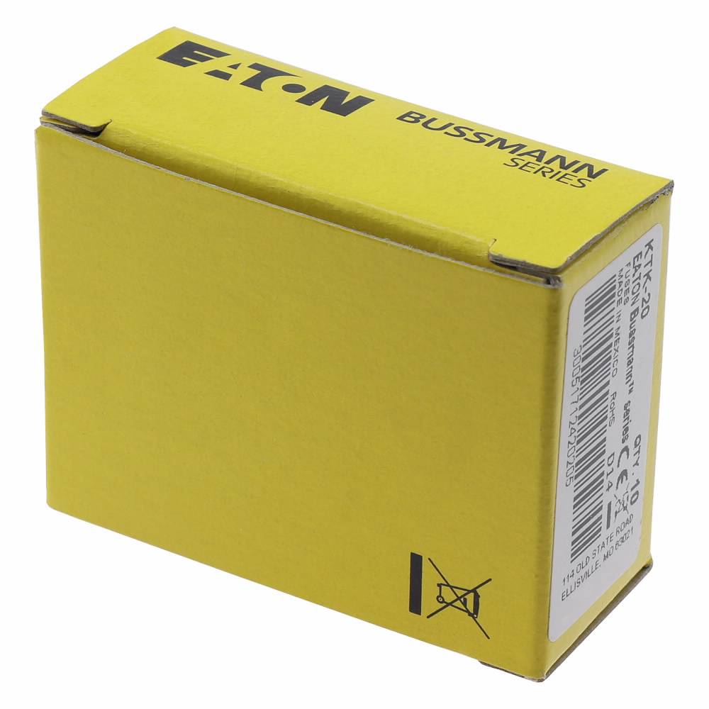 Bussmann Limitron™ KTK-20 Fast Acting Midget Fuse, 20 A, 600 VAC, 100000 A Interrupt, Class: Supplemental, Cylindrical Body