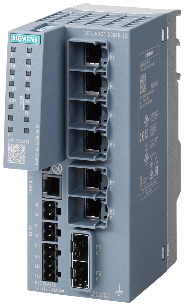 Siemens 6GK56462GS002AC2 SC646-2C Compact Cyber Security Appliance, 145 mm H x 60 mm W x 125 mm D, RJ45/SFP Connectivity, 4 Ports