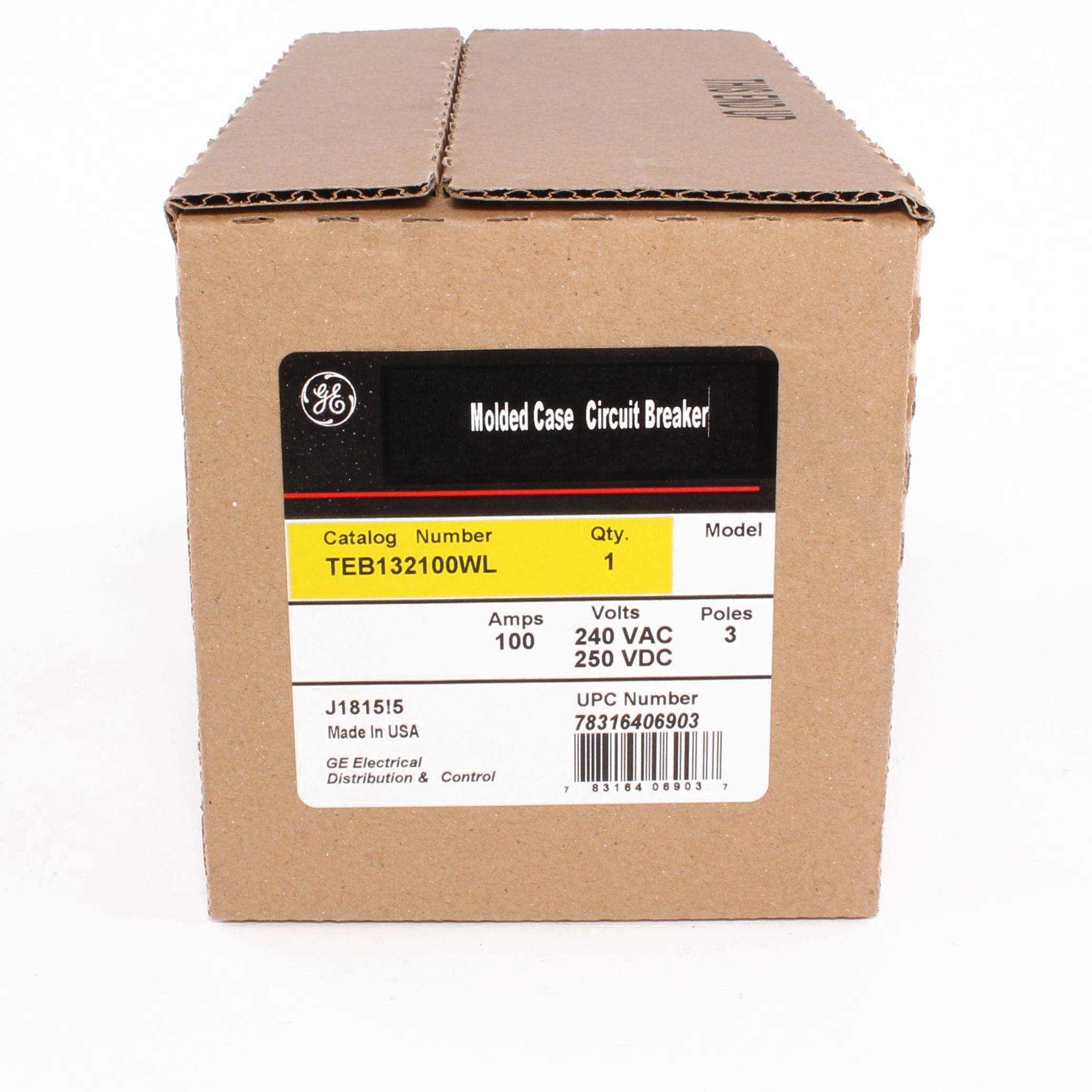 GE TEB132100WL Type TEB Core E Low Tier Molded Case Circuit Breaker, 240 VAC, 100 A, 10 kA Interrupt, 3 Poles, LI/Non-Interchangeable Thermal Magnetic Trip