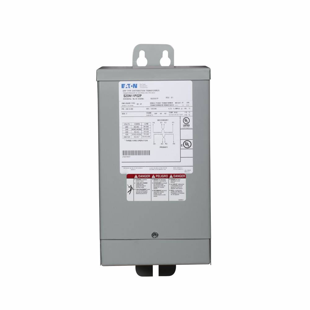 EATON S20N11P02P Type EP Dry Encapsulated Distribution Transformer, 240/480 VAC Primary, 120/240 VAC Secondary, 2 kVA Power Rating, 60 Hz, 1 ph Phase