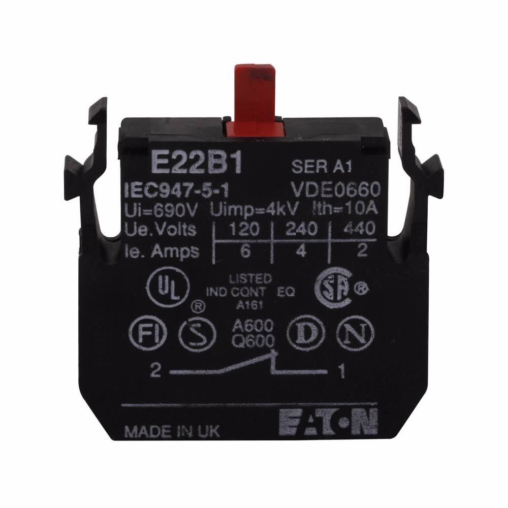 EATON E22B1 Heavy Duty Standard Contact Block, 22.5 mm, 1NC Contact, 10 A at 600 VAC, 2.5 A at 600 VDC Contact, Silver Contact