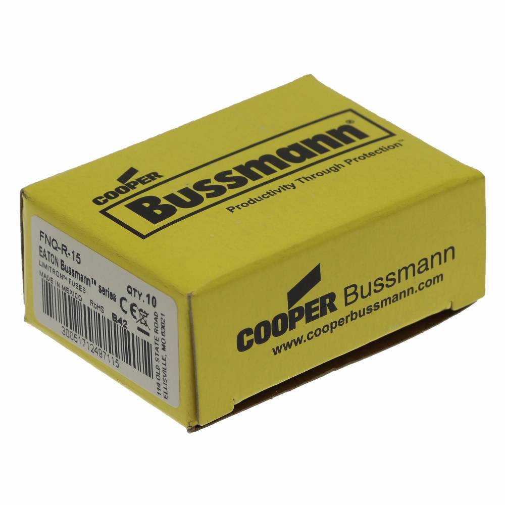 Bussmann CC-Tron® FNQ-R-15 Time Delay Fuse, 15 A, 600 VAC/300 VDC, 20/200 kA Interrupt, CC Class, Cylindrical Body