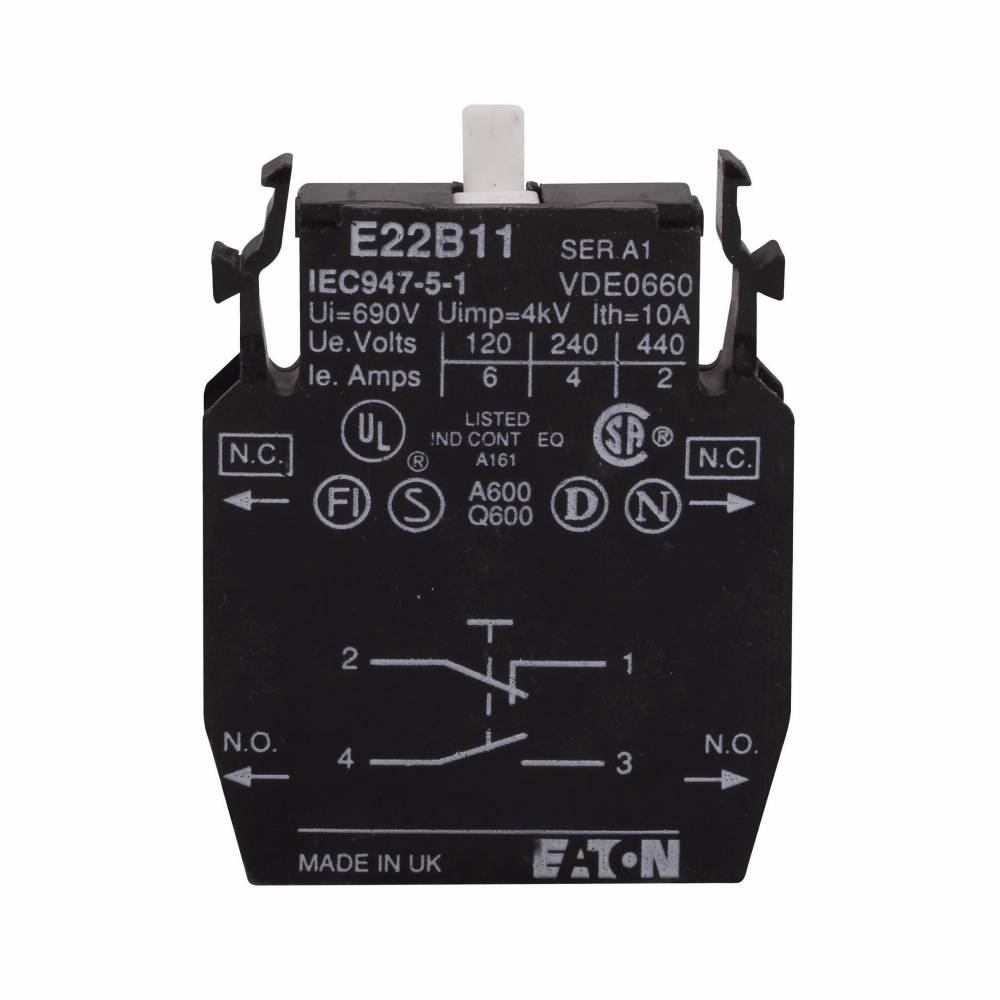 EATON E22B11 Heavy Duty Non-Metallic Standard Contact Block, 22.5 mm, 1NC-1NO Contact, 10 A at 600 VAC, 2.5 A at 600 VDC Contact, Silver Contact