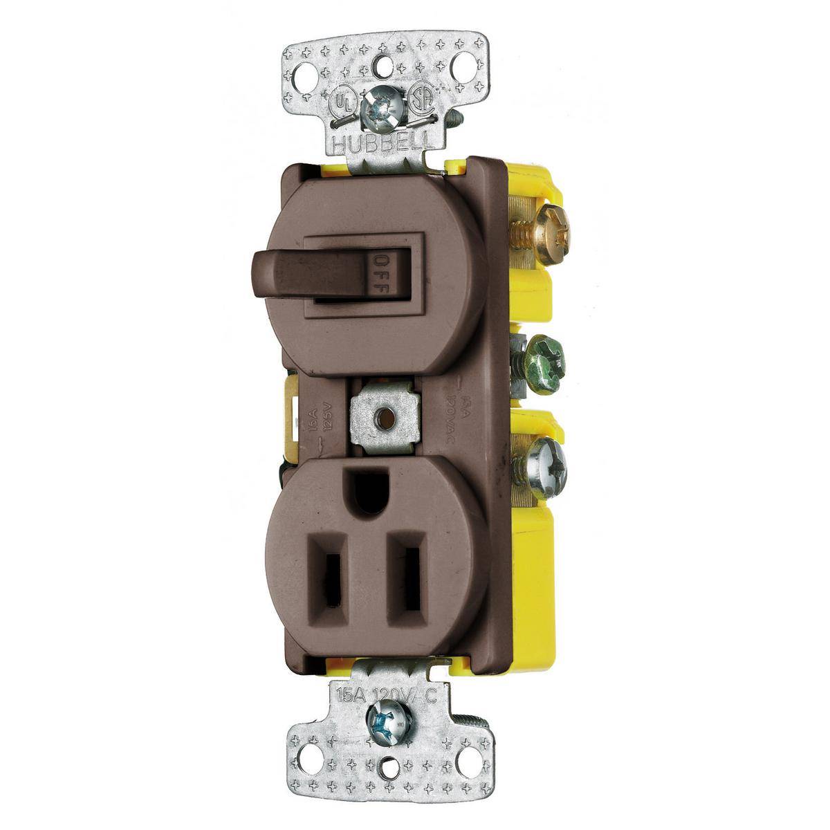 Wiring Device-Kellems RC108 Traditional 2-Position Standard Traditional Switch And Receptacle, Electrical Ratings: 120/125 VAC, 15 A, 1800 W, 1 Poles, 3 Wires, Snap Switch Reset