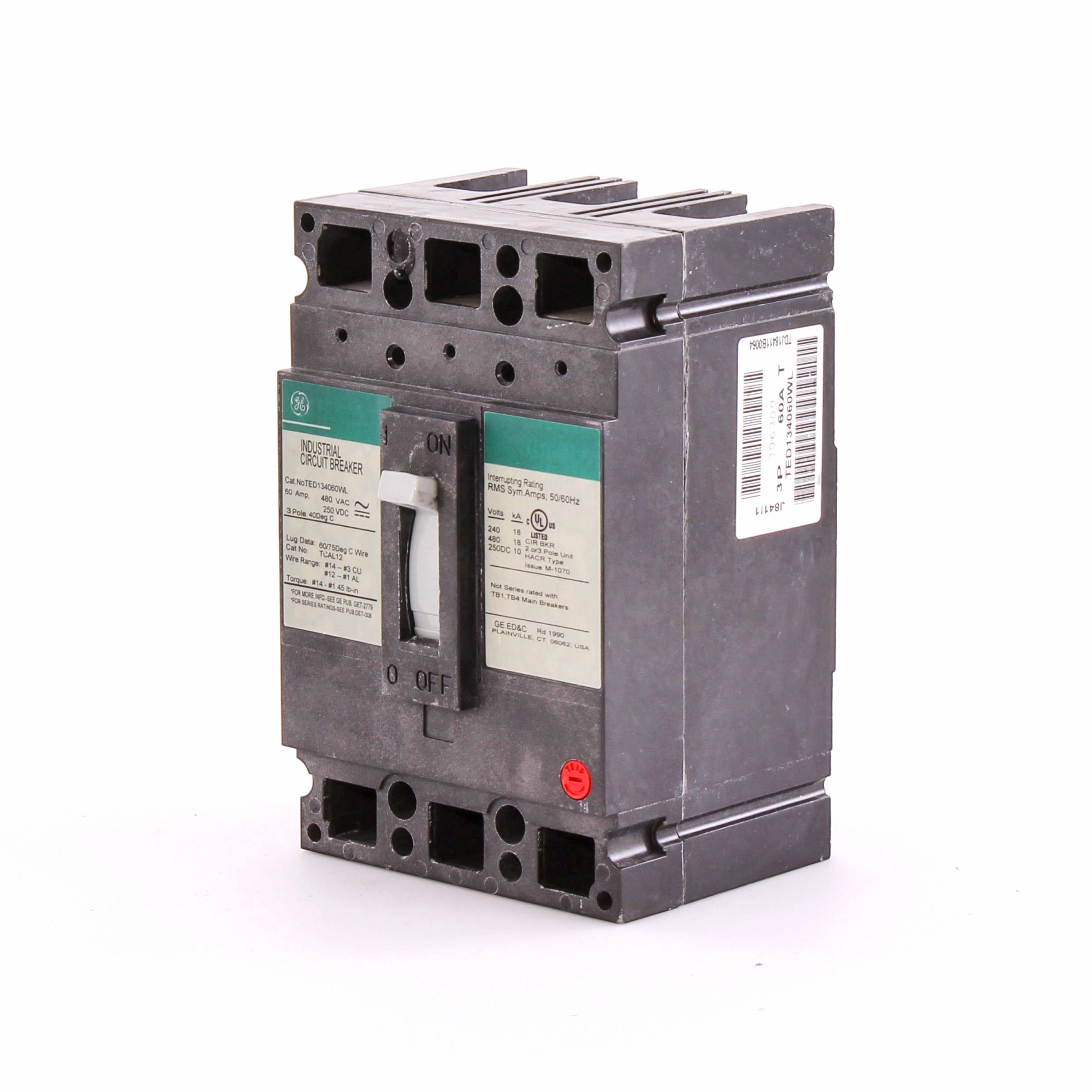 GE TED134060WL Molded Case Circuit Breaker, 480 VAC/500 VDC, 60 A, 18 kA AC, 10 kA DC, 14 kA AC Interrupt, 3 Poles, LI/Non-Interchangeable Thermal Magnetic Trip