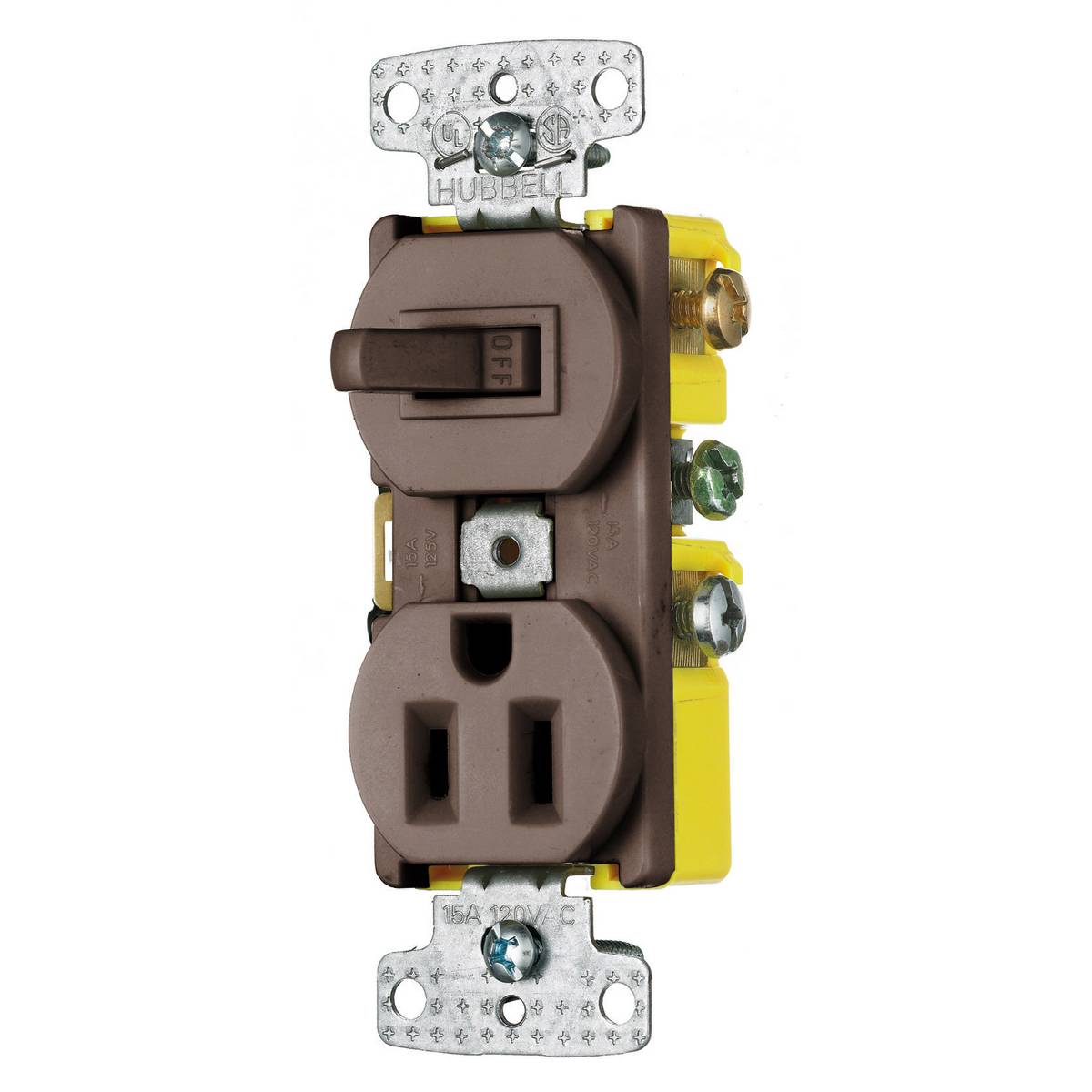 Wiring Device-Kellems RC108TR Standard Traditional Combination Switch and Receptacle, Electrical Ratings: 15 A at 120/125 VAC, 1 Poles, 3 Wires, Snap Switch Reset