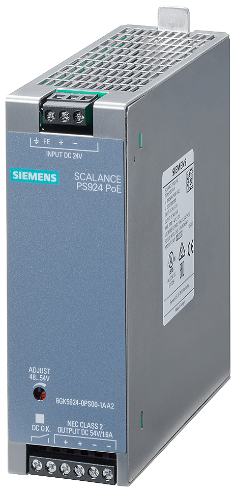 Siemens 6GK59240PS001AA2 PS 924 SCALANCE Power Supply Module, 24 VDC Input, 54 VDC Output, 4.1 A Input, 0 to 1.8 A Output