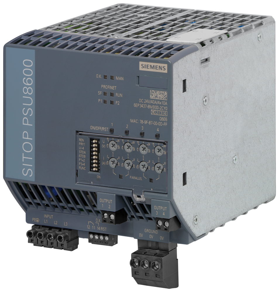 Siemens SITOP 6EP34378MB002CP0 PSU8600 Stabilized Power Supply Module, 400/500 VAC Input, 24 VDC Output, 40 A Output