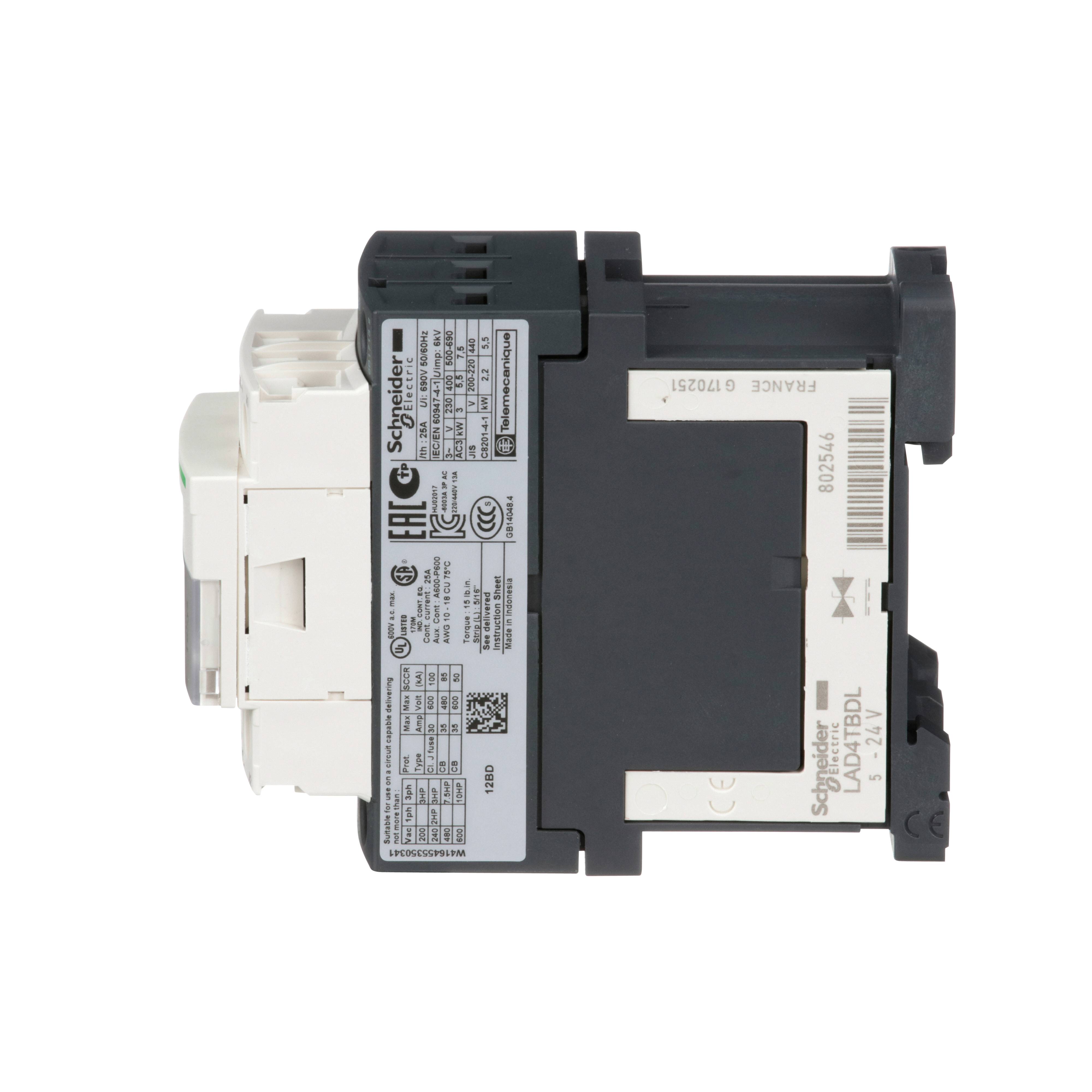Schneider Electric Square D™ TeSys™ D LC1D12BD Direct On-Line Standard IEC Contactor, 690 VAC, 24/300 VDC V Coil, 12/25 A, 3NO Contact, 3 Poles