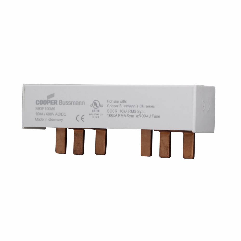 Bussmann BB3P100M6 6-Pin Modular Combination Busbar With Endcaps Assembled, For Use With Class CC, Midget and PV Fuses, 600 VAC/VDC, 100 A, 3 ph, Class J, 17.8 mm Pitch
