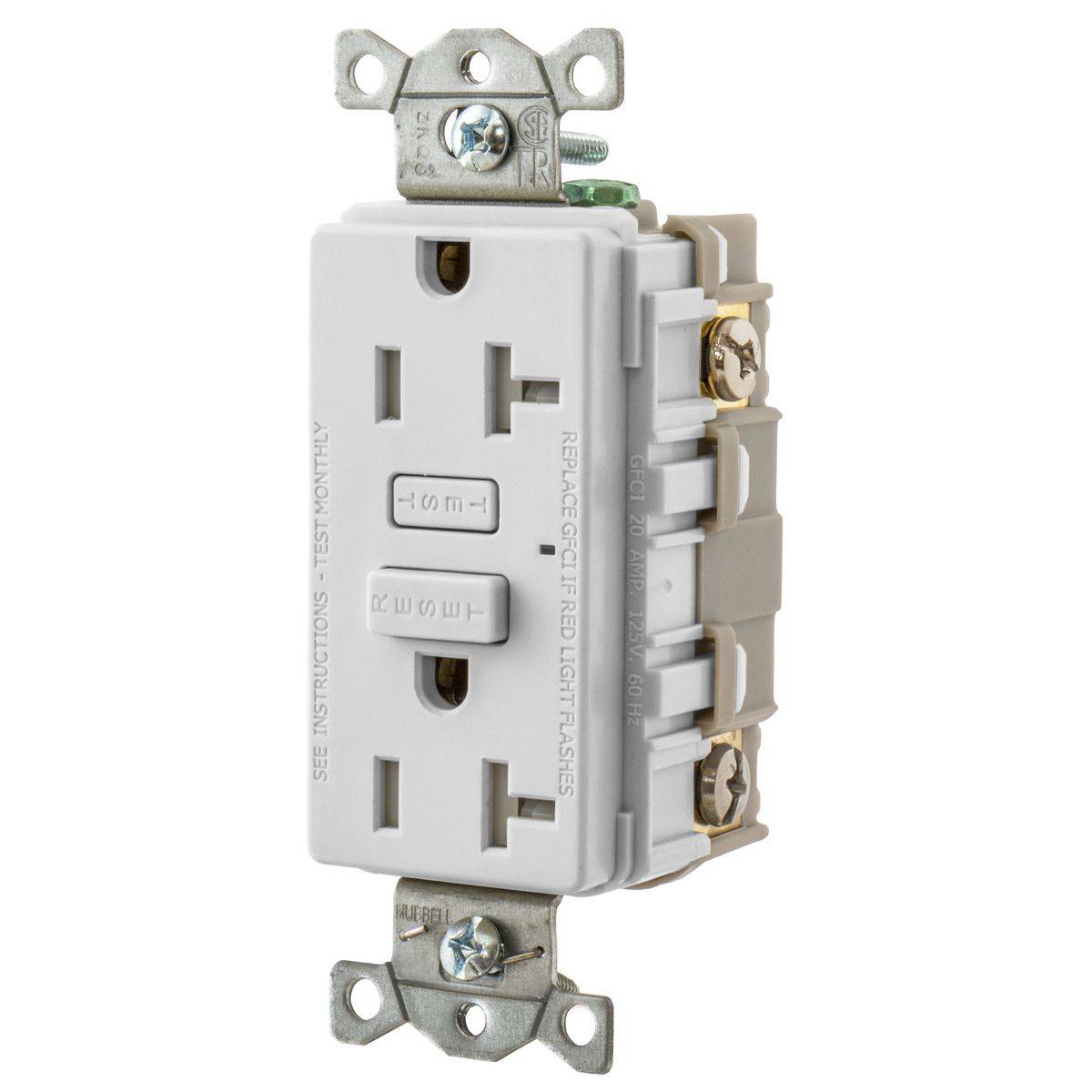 Bryant Electric Hubbell-Pro™ GFT20W 1-Phase Grounding Self-Test Standard Tamper Resistant GFCI Receptacle, 125 VAC, 20 A, 2 Poles, 3 Wires, White
