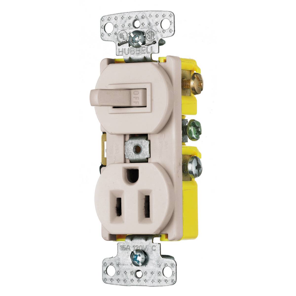 Wiring Device-Kellems RC108LA Traditional Standard Traditional Switch and Receptacle Combination Device, Electrical Ratings: 120/125 VAC, 15 A, 1800 W, 1 Poles, 3 Wires, Snap Switch Reset