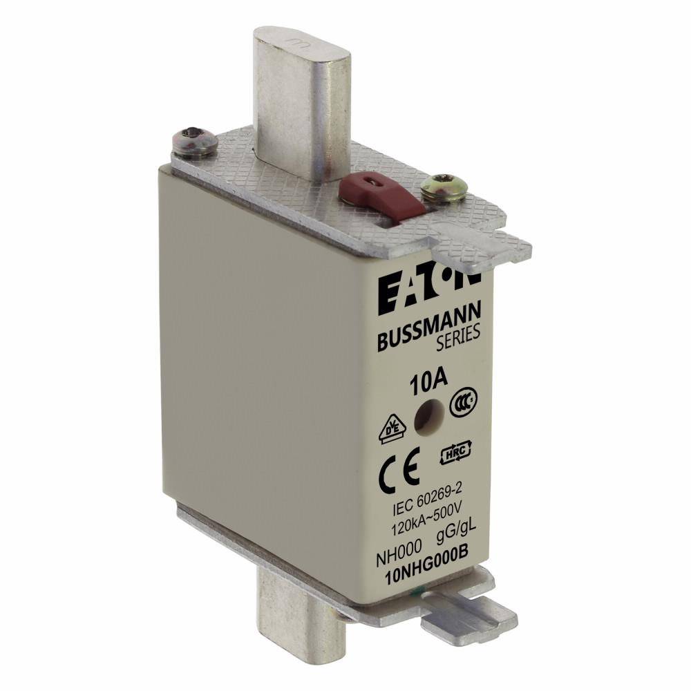 Edison 10NHG000B Size 000 Class gG/gL Dual Indicator NH Fuse Link With Metal Gripping Lugs, 500 VAC/250 VDC, 10 A, For Use With Bussmann NH Size Photovoltaic Fuse, Ceramic