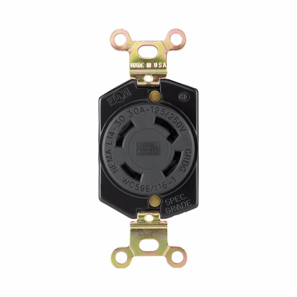 EATON Wiring Devices Arrow Hart™ L1430R Single Locking Receptacle, 125/250 VAC, 30 A, 3 Poles, 4 Wires, Black