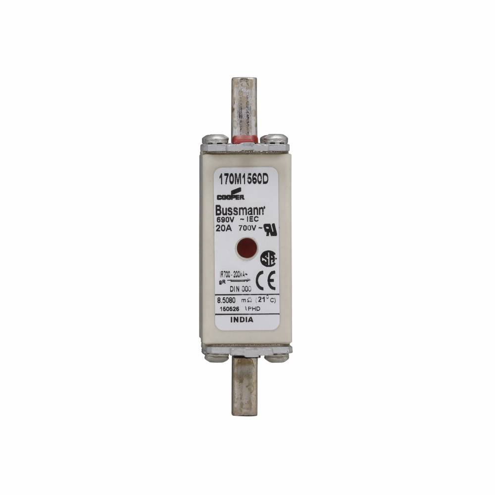 Bussmann 170M1560D High Speed Fuse, 20 A, 690 VAC, 200 kAIC Interrupt, Class: gR, Square Body