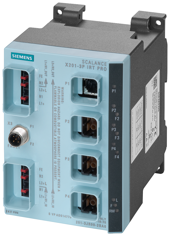 Siemens SCALANCE X201-3P IRT PRO 6GK52013JR002BA6 Compact Managed Ethernet Switch, 100BaseFX Interface, RJ-45 Port, Telnet/HTTP/HTTPS/TFTP/FTP/DCP/LLDP/SNMP v1/SNMP v/SNMP v3/HRP/MRP/PRP/SSH/SNTP Protocol