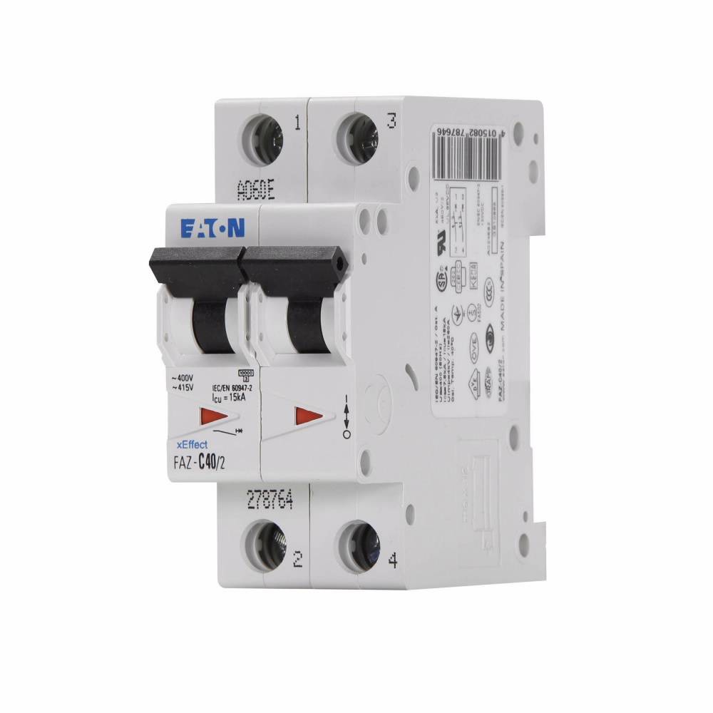 EATON FAZ-C40/2 Supplementary Protector, 480Y/277 VAC, 40 A, 7.5 to 15 kA Interrupt, 2 Poles, 5-10X/C-Curve Trip