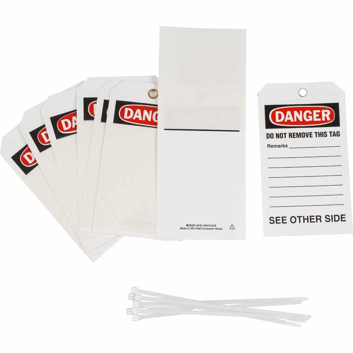 Brady® 81991 Rectangular Self-Laminating Safety Tag, 7 in H x 4 in W, Black/Red on White, 3/8 in Hole, B-851 Polyester