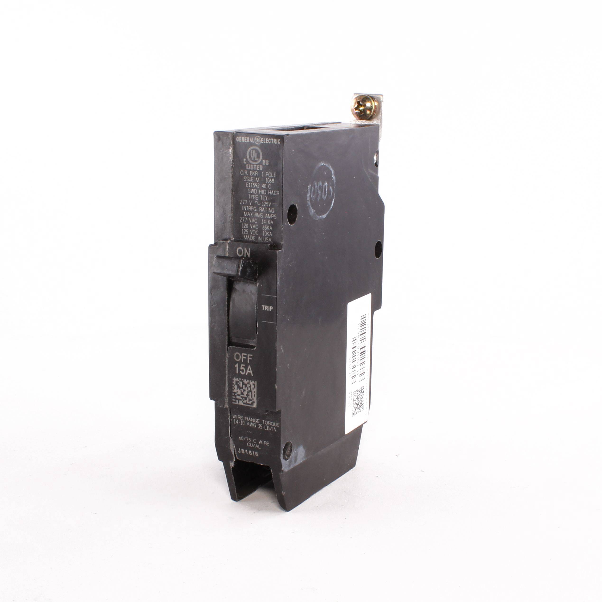 GE TEY115 Compact Lighting Panel Circuit Breaker, 120/240/277 VAC, 15 A, 14/65 kA Interrupt, 1 Poles, LI/Non-Interchangeable/Thermal Magnetic Trip