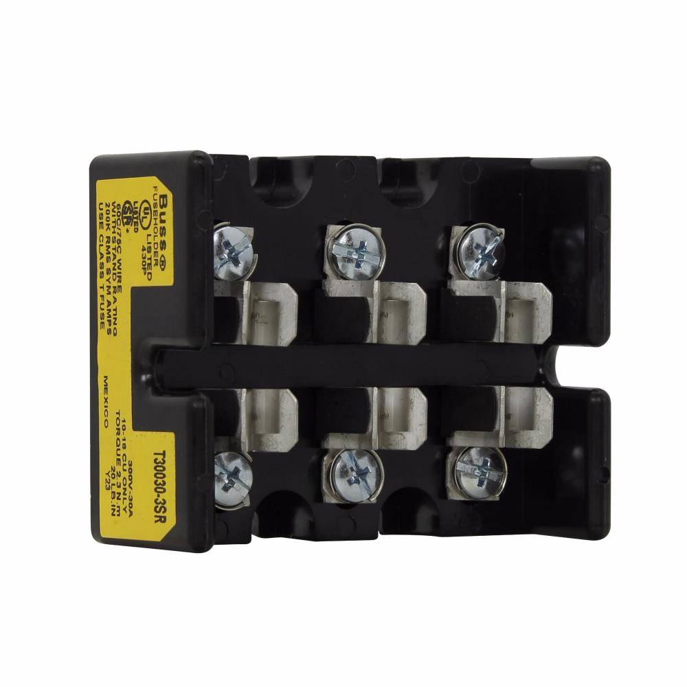 Edison T30030-3SR Open Fuse Block, 300 VAC/VDC, 30 A, Class: T, 10 AWG Cu Wire, 3 Poles