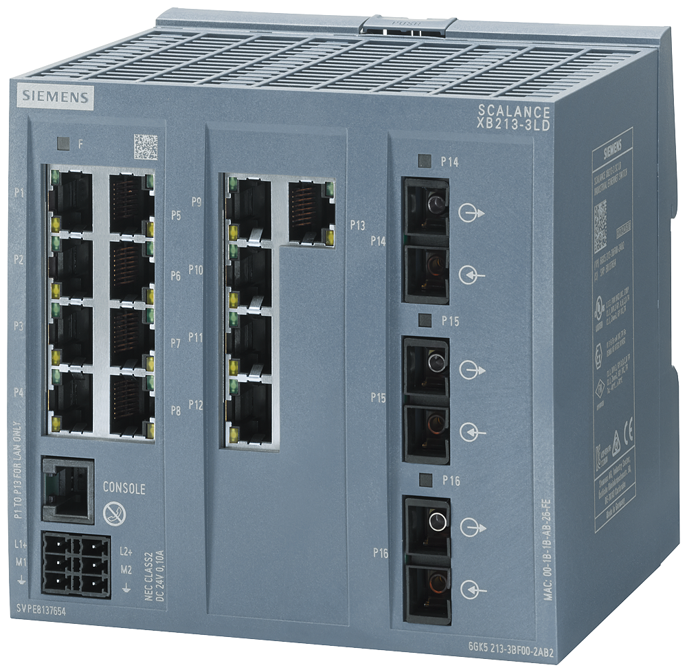 Siemens SCALANCE XB213-3LD 6GK52133BF002AB2 Layer 2 Managed Ethernet Switch, 10/100 Mbps, 100BaseFX Singlemode Interface, (13) RJ45 Port, Telnet/HTTP/HTTPS/TFTP/FTP/DCP/LLDP/Ethernet/IP/SNMP v1/SNMP v2/SNMP v3/IGMP/HRP/MRP/PRP/SSH/NTP/SNTP Protocol