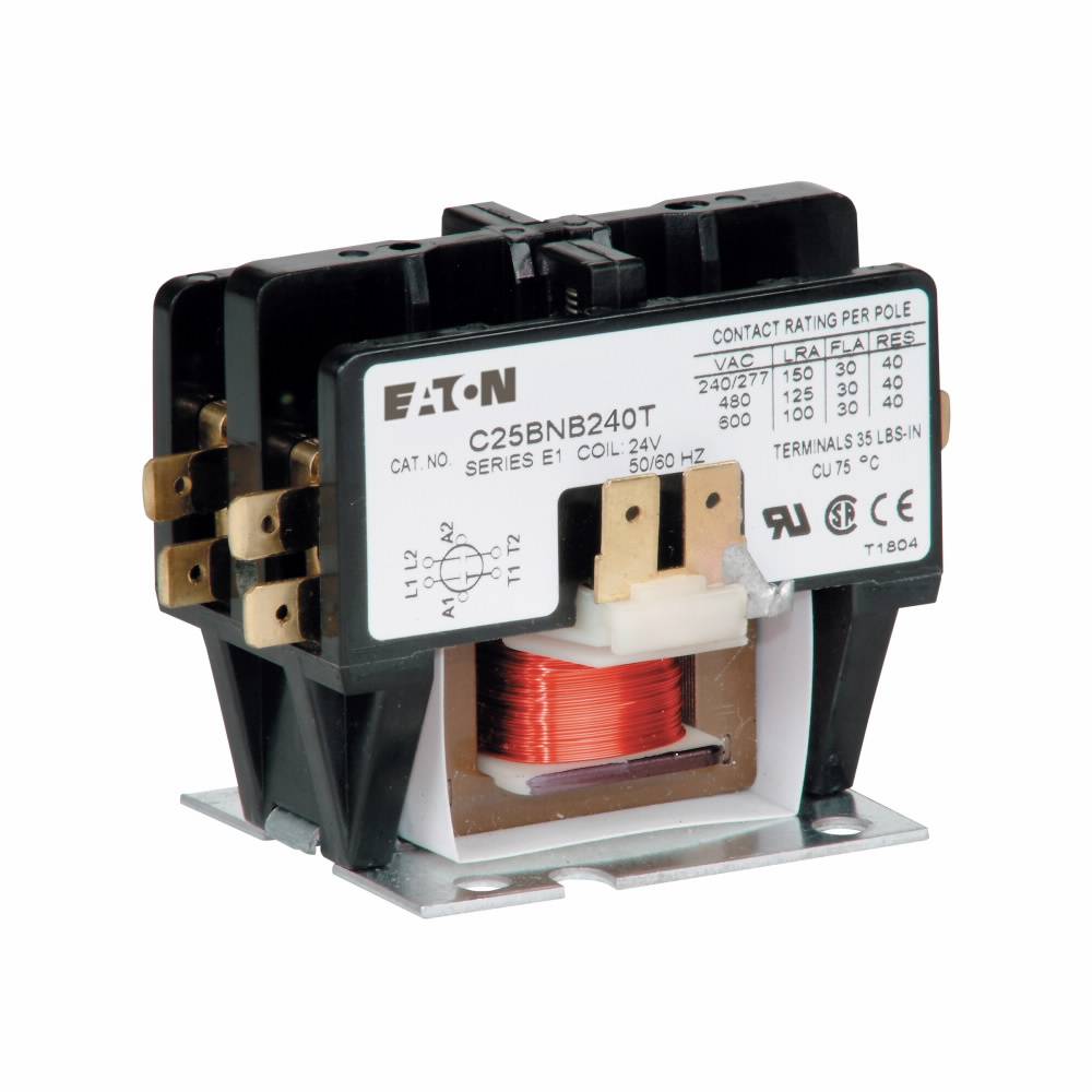 EATON C25BNB220B Compact Non-Reversing Definite Purpose Contactor, 208/240 VAC V Coil, 20/30 A, 2 Poles