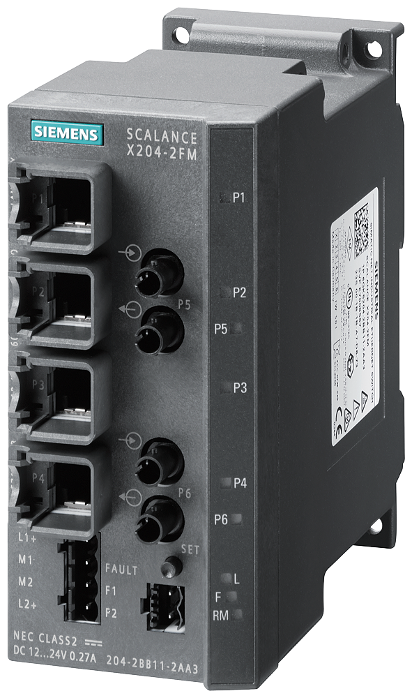 Siemens SCALANCE X204-2FM 6GK52042BB112AA3 Compact Managed Ethernet Switch, 10/100 Mbps, 100 Mbps Multi-Mode Interface, (4) RJ45 Port, Telnet/HTTP/HTTPS/TFTP/FTP/DCP/LLDP/SNMP v1/SNMP v2/SNMP v3/HRP/MRP/SSH/SNTP Protocol