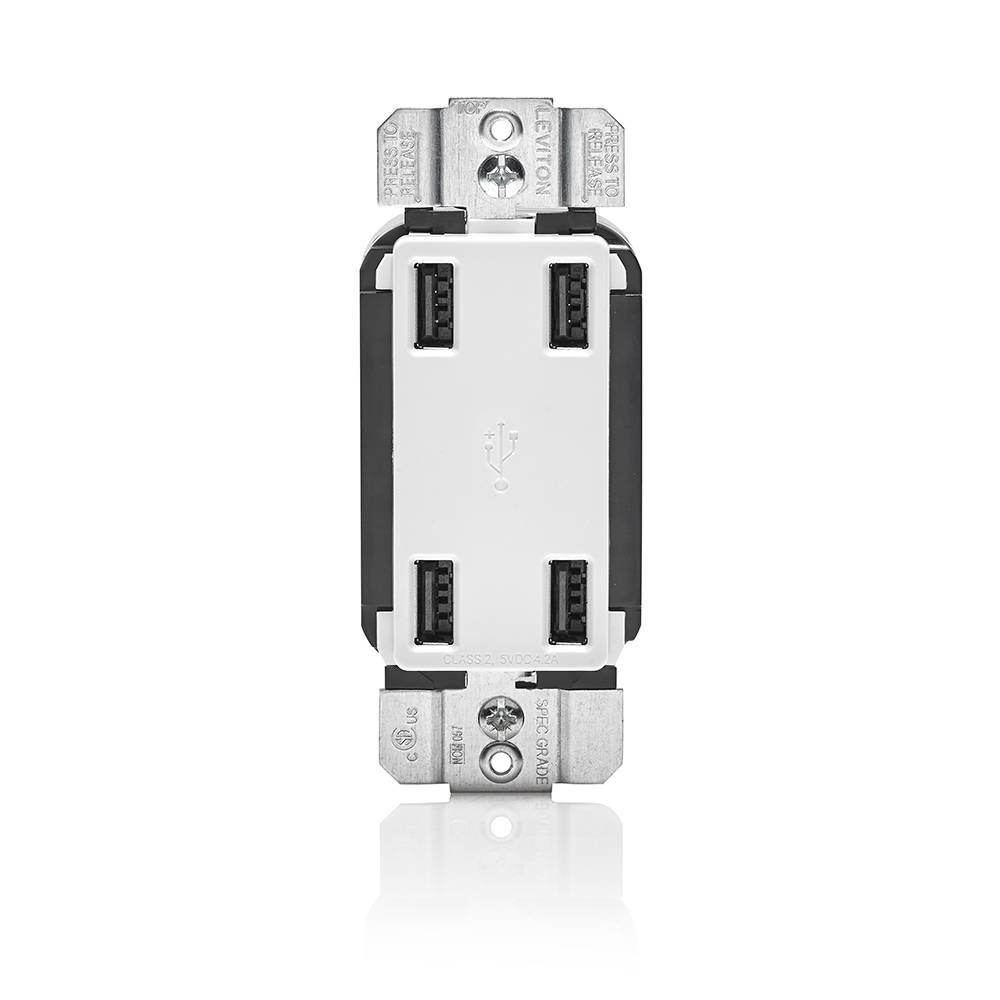 Leviton® Decora® USB4P-W USB Charger, 4.2 A, 125 VAC, 25 W, 3 Wires, White