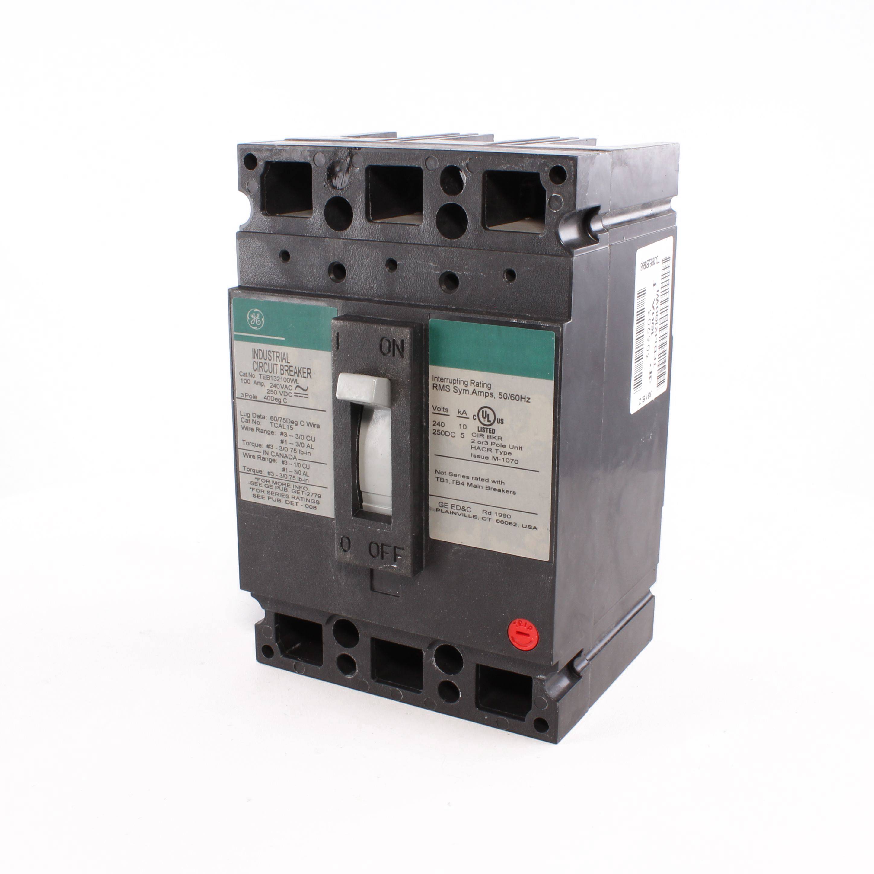GE TEB132100WL Type TEB Core E Low Tier Molded Case Circuit Breaker, 240 VAC, 100 A, 10 kA Interrupt, 3 Poles, LI/Non-Interchangeable Thermal Magnetic Trip