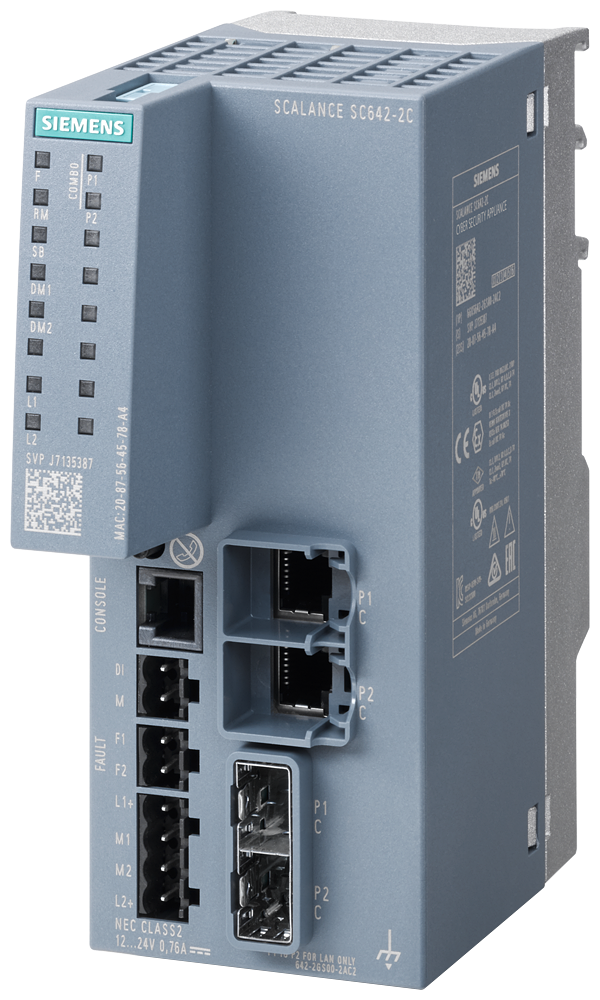 Siemens SCALANCE 6GK56422GS002AC2 Compact Cyber Security Appliance, 145 mm H x 60 mm W x 125 mm D, 2/4-Pole Terminal Block Connectivity, 2 Ports