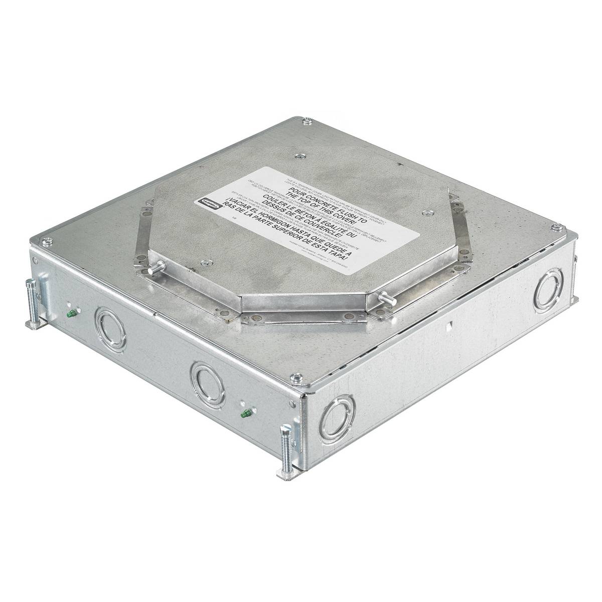 PREMISE WIRING SystemOne® CFB4G25R Above Grade Fully Adjustable Recessed Standard Floor Box, Stamped Steel, 26.5 cu-in Capacity, 4 Gangs, 24 Knockouts, 3.25 in H x 11.2 in W x 12.08 in D