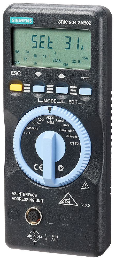 Siemens 3RK19042AB02 V3.0 AS-Interface Addressing Unit, 24/30 VAC, LCD/Binary Number Display, IP20/IP40/IP50 Enclosure
