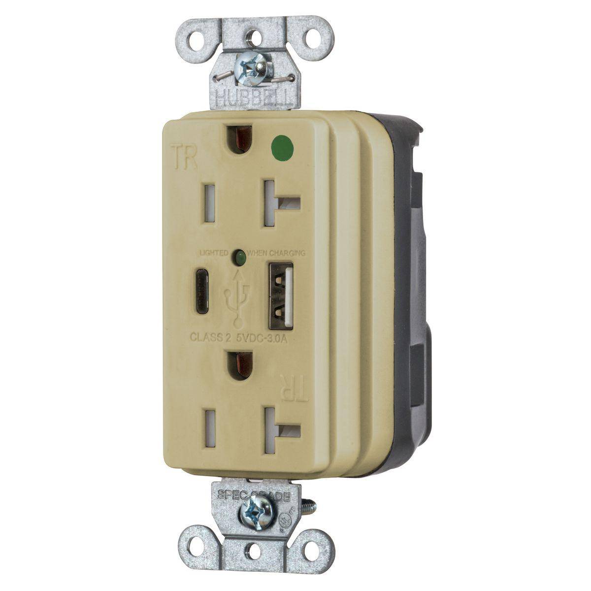 Wiring Device-Kellems SNAPConnect® SNAP8300UACI Decorator Duplex Straight Blade USB Charger Receptacle, 20 A, 125 VDC, 2500 W, 2 Poles, 3 Wires, Ivory