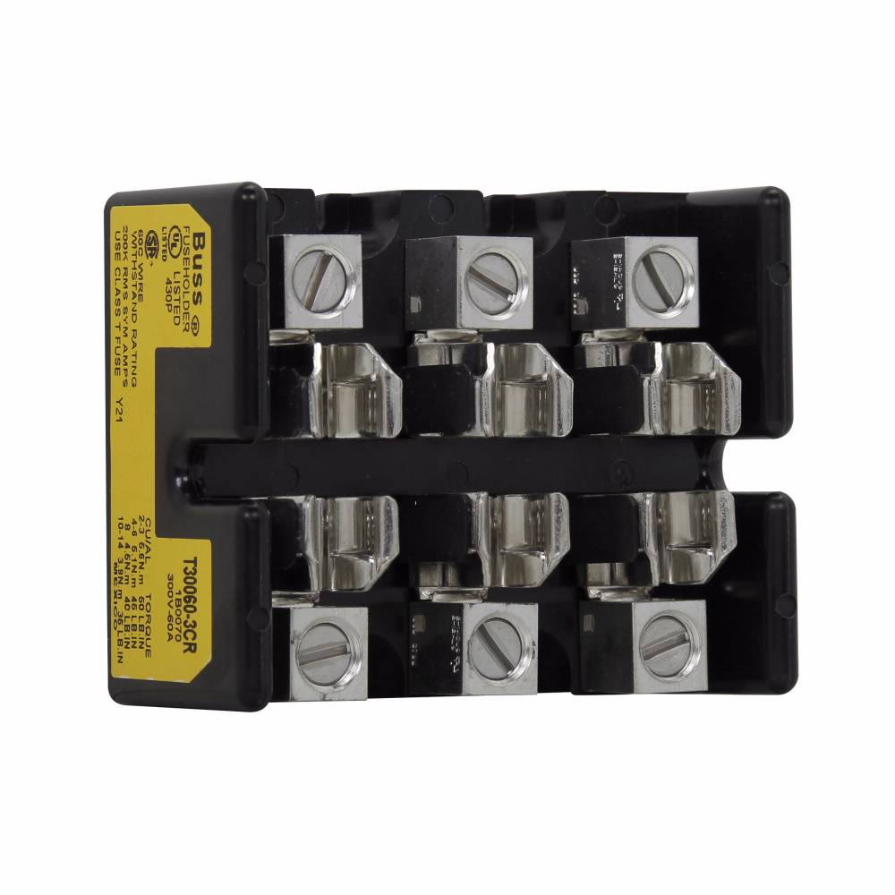 Edison T30060-3SR Open Fuse Block, 300 VAC/VDC, 60 A, Class: T, 12 AWG Al Wire, 3 Poles